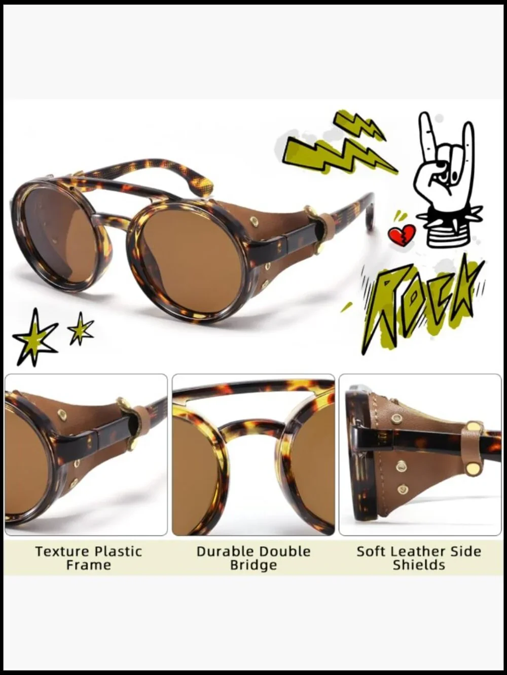Retro Round Steampunk Polarized Sunglasses with Leather Side Shield